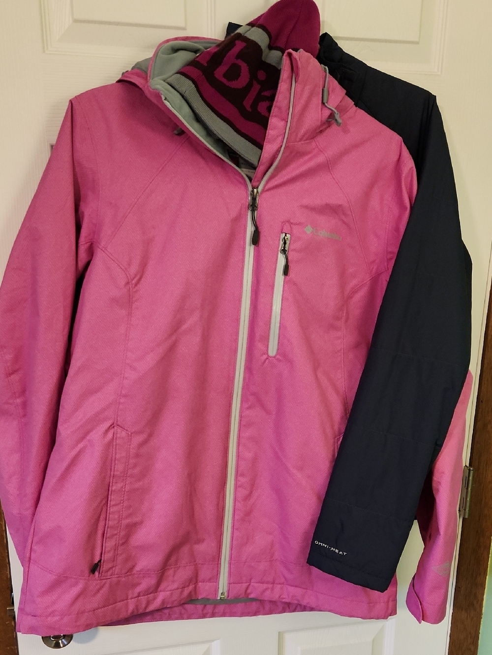 Columbia Pink Hooded Waterproof Coat With Navy Blue Liner And Matching Hat